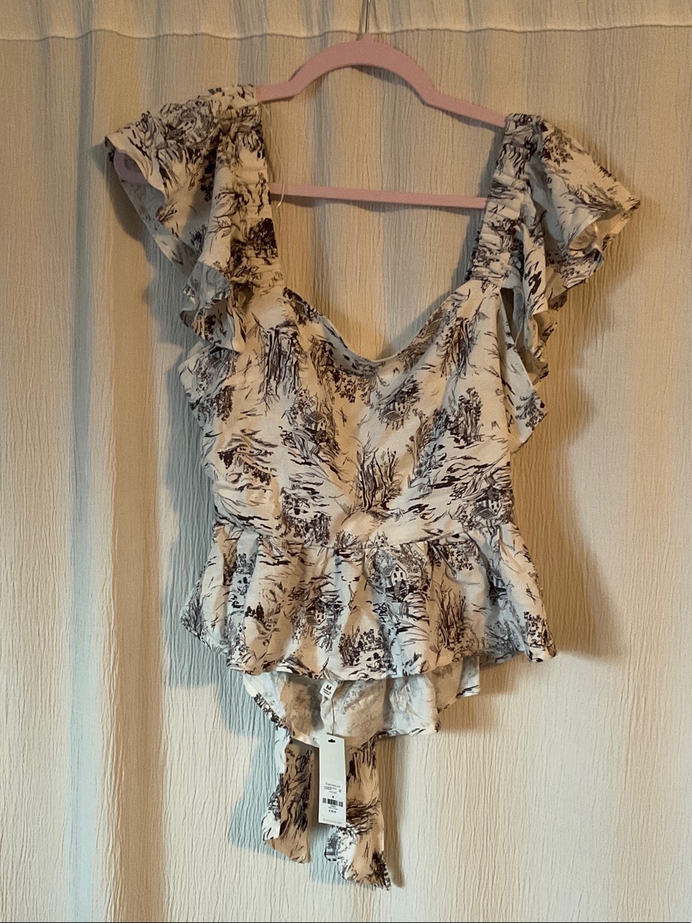 Francesca's Collections White Top with Navy Toile Print and Ruffle Details